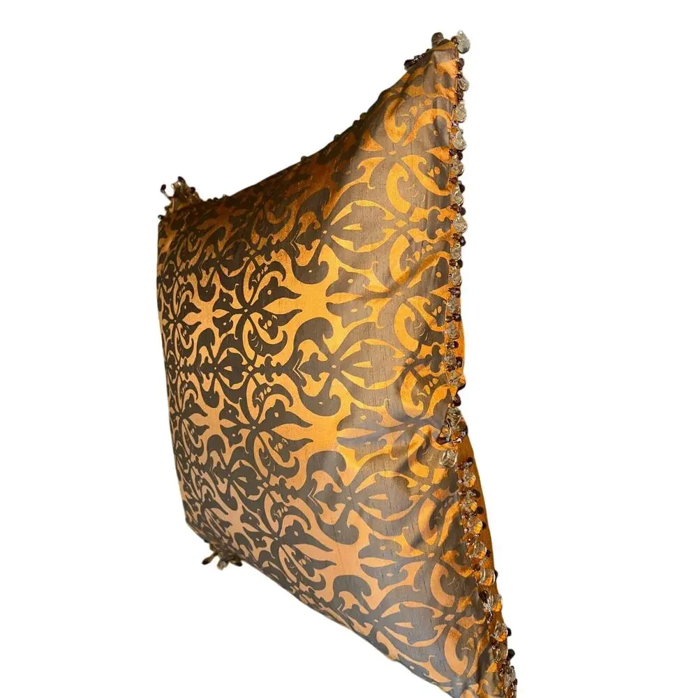 Bronze and gray silk jacquard throw pillow trellis pattern and beaded edge trim